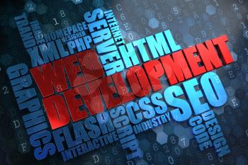 Web Development - Wordcloud Concept. The Word in Red Color, Surrounded by a Cloud of Blue Words.