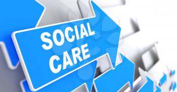 Social Care - Social Concept. Blue Arrow with Social Care slogan on a grey background. 3D Render.