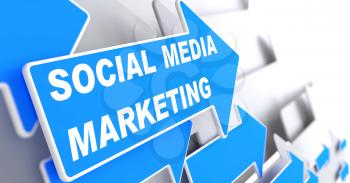 Social Media Marketing.  Business Concept. Blue Arrow with Social Media Marketing slogan on a grey background. 3D Render.