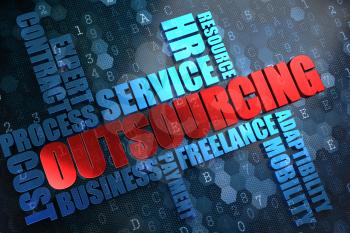 Outsourcing - Wordcloud Concept. The Word in Red Color, Surrounded by a Cloud of Blue Words.