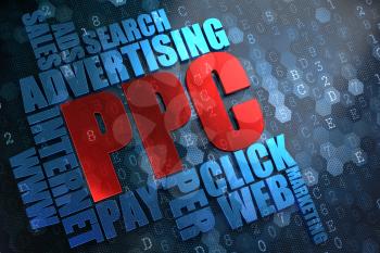 PPC - Wordcloud Concept. The Word in Red Color, Surrounded by a Cloud of Blue Words.