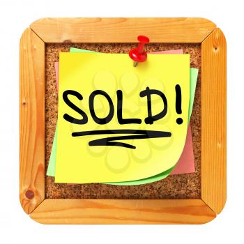 Sold!, Yellow Sticker on Cork Bulletin or Message Board. Business Concept. 3D Render.