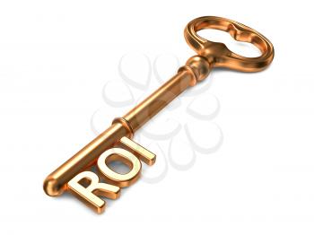ROI - Golden Key on White Background. 3D Render. Business Concept.