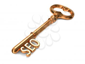 SEO - Golden Key on White Background. 3D Render. Business Concept.