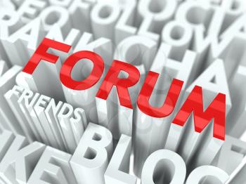 Forum Concept. The Word of Red Color Located over Text of White Color.