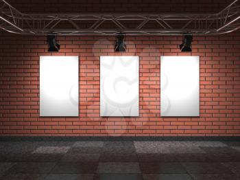 Blank Frames on Bricks Wall. Gallery Interior.  3D Render.