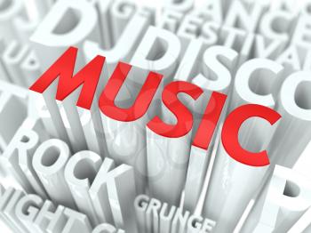 Music Concept. The Word of Red Color Located over Text of White Color.