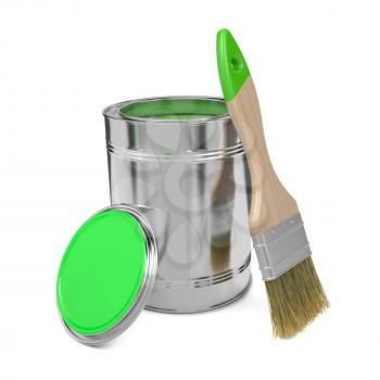 Paint Can with Green Paint and Paintbrush Isolated on White Background.