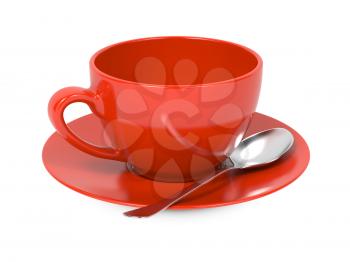 Red Coffee Cup with Spoon and Saucer Isolated on White Background.