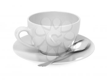 White Cup with Spoon and Saucer Isolated on White Background.
