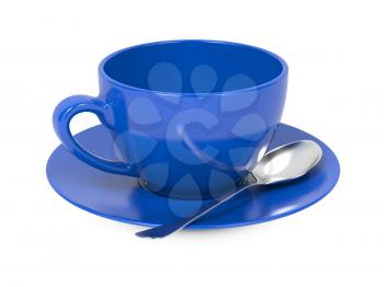 Blue Coffee Cup with Spoon and Saucer Isolated on White Background.