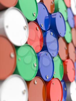 Colorfull Oil Barrels or Chemical Drums Stacked Up. Industrial Background with Selective Focus.