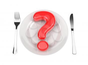 Red Question Mark on White Plate with Fork and Knife.