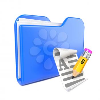 Blue Folder with Yellow Pencil and Toon File Icon. Isolated on White.