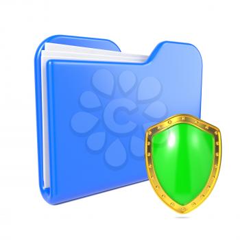 Blue Folder with Green Shield. Isolated on White.