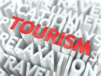 Tourism Concept. The Word of Red Color Located over Text of White Color.