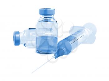 Vaccine Ampoules and Syringe Isolated on White. Tinted image.