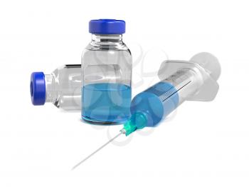 Vaccine Ampoules and Syringe Isolated on White.