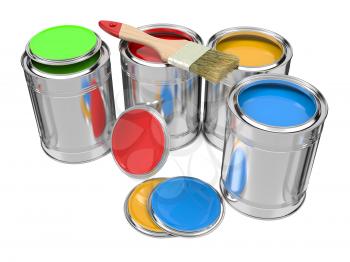 Group of Colorful Paint Cans with Paintbrush. Isolated on White.