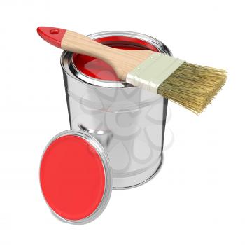Paint Can with Red Paint and Paintbrush. Isolated on White.