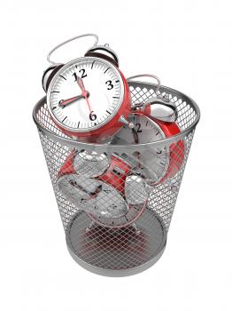 Wasting Time Concept: Red Clocks in Metal Trash Bin.