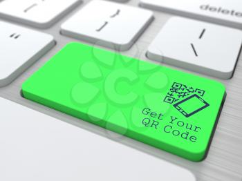 QR Code Concept. Button on Green Modern Computer Keyboard. 3D Render.