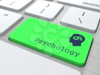 Psychology Concept. Button on Green Modern Computer Keyboard. 3D Render.