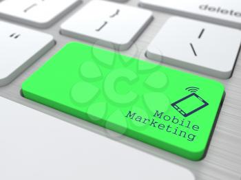 Mobile Marketing Concept. Button on Green Modern Computer Keyboard. 3D Render.