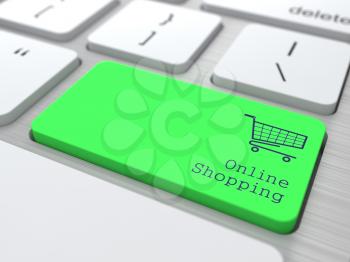 Online Shopping Concept. Button on Green Modern Computer Keyboard. 3D Render.