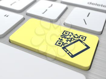 QR Code Concept. Button on Yellow Modern Computer Keyboard. 3D Render.