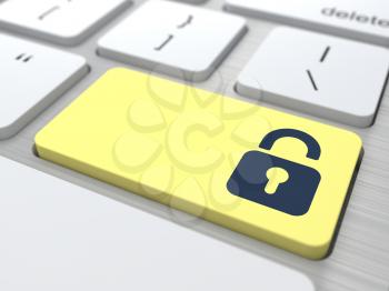 Padlock on the Yellow Computer Button. The Concept of Protection.