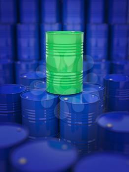 Oil and Petroleum. Green Oil Drum Standing on the Background of Blue Barrels.