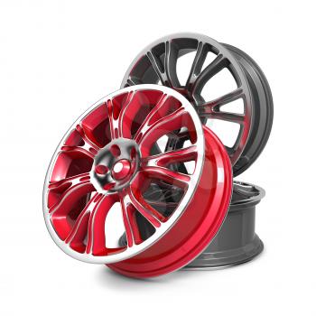 Car Rims, Red and Gray Rims isolated on White.
