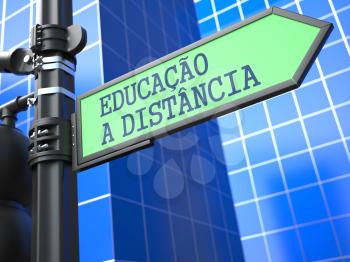 Education Concept. Inscription Distance Learning on Sign (Portuguese) on Blue Background.