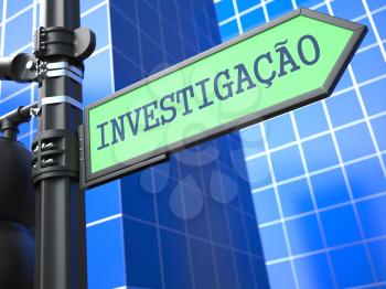 Investigation Concept. Word Investigation on Sign (Portuguese) on Blue Background.
