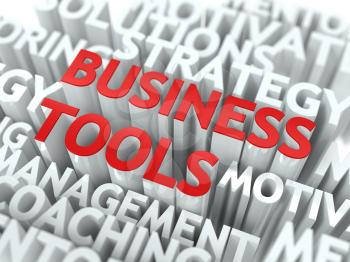 Business Tools Concept. The Word of Red Color Located over Text of White Color.