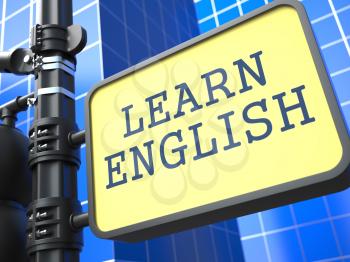 Learning Language - English Concept. Waymark on Blue Background.