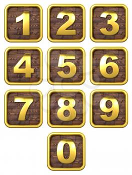 3D Set of Gold Metal Numbers, from 1 to 0. On Wooden Frame.