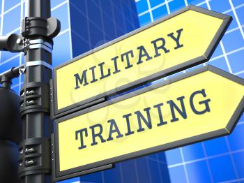 Education Concept. Military Training Roadsign on Blue Background.