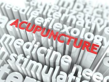 Acupuncture - Wordcloud Medical Concept. The Word in Red Color, Surrounded by a Cloud of Words Gray.