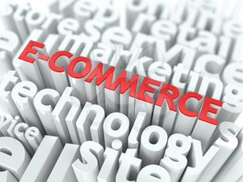 E-Commerce. The Wordcloud Business Concept. The Word in Red Color, Surrounded by a Cloud of Words Gray.