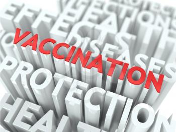 Vaccination - Wordcloud Medical Concept. The Word in Red Color, Surrounded by a Cloud of Words Gray.