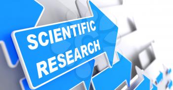 Scientific Research - Science Concept. Blue Arrow with Scientific Research slogan on a grey background. 3D Render.