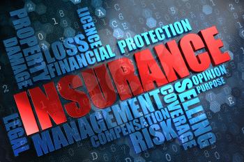 Insurance - Wordcloud Concept. The Word in Red Color, Surrounded by a Cloud of Blue Words.
