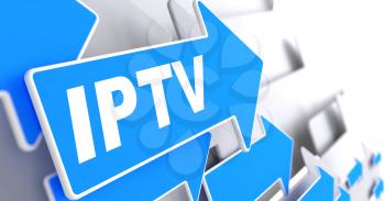 IPTV.  Information Concept.  Blue Arrow with IPTV slogan on a grey background. 3D Render.