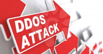 DDOS Attack.  Information Concept. Red Arrow with DDOS Attack slogan on a grey background. 3D Render.