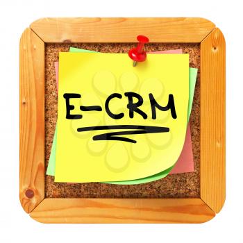 E-CRM, Yellow Sticker on Cork Bulletin or Message Board. Information Technology Concept. 3D Render.