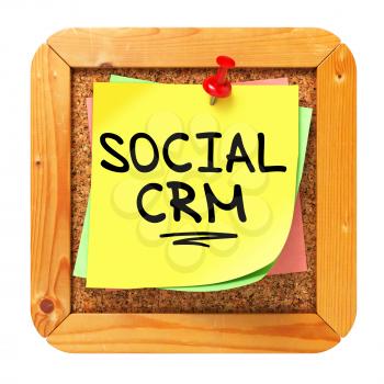 Social CRM, Yellow Sticker on Cork Bulletin or Message Board. Information Technology Concept. 3D Render.