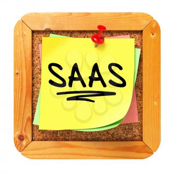 SAAS, Yellow Sticker on Cork Bulletin or Message Board. Information Technology Concept. 3D Render.