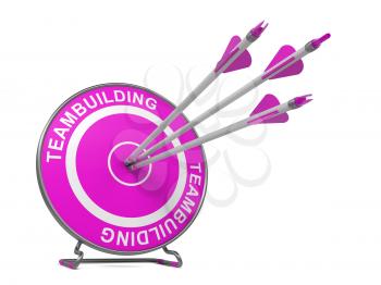 Teambuilding - Business  Background. Three Arrows Hitting the Center of a Pink Target, where is Written Word Teambuilding.  3D Render.
